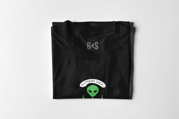 BS Skateboarding black t-shirt Humans Suck Folded