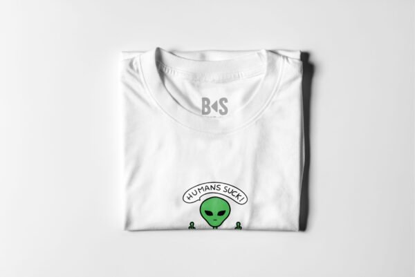 BS Skateboarding white t-shirt Humans Suck Folded